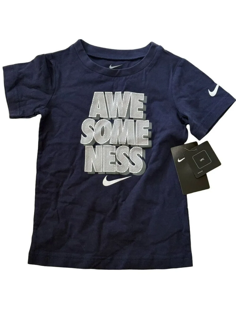 Nike Kids “Awesomeness” Graphic Tee Navy Blue Short Sleeve Logo Shirt 4T